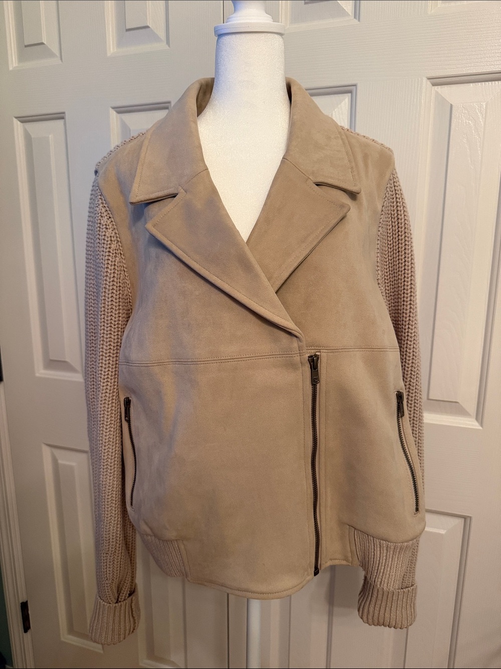 CAbi Beige Suede like Front Jacket with Knit Sleeves and back